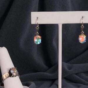 Matching Sterling Silver Sparkly Rainbow Crystal Earrings and Ring Set
